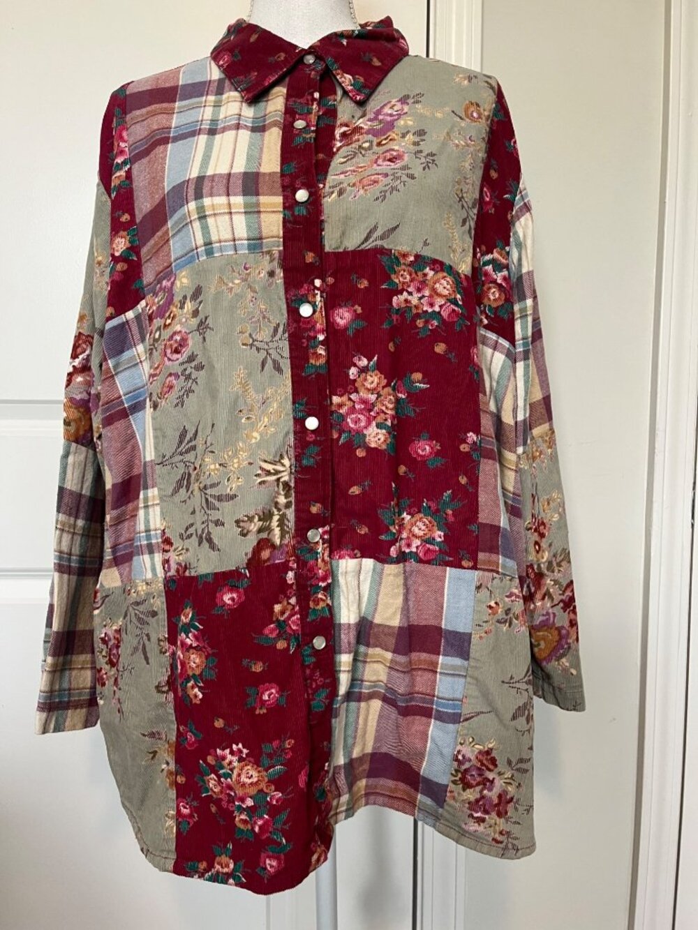 Vtg Main Street Blues Patchwork Corduroy Button Shirt 1X Floral Plaid Cottagecor